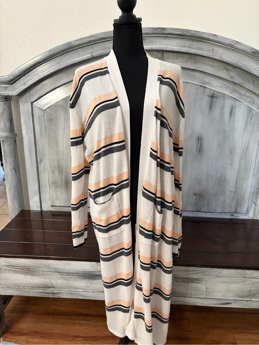 Amaryllis Long Open-Front Striped Cardigan — Cream, Peach & Black